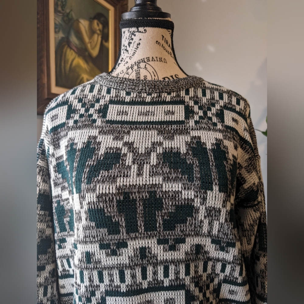 1990s Vintage Unisex Grey Green Geometric Sweater Size Medium - Picture 5 of 7